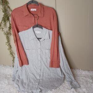 2 Lou & Grey For LOFT Button Down Shirt Top Long Sleeve Pockets Organic Cotton S